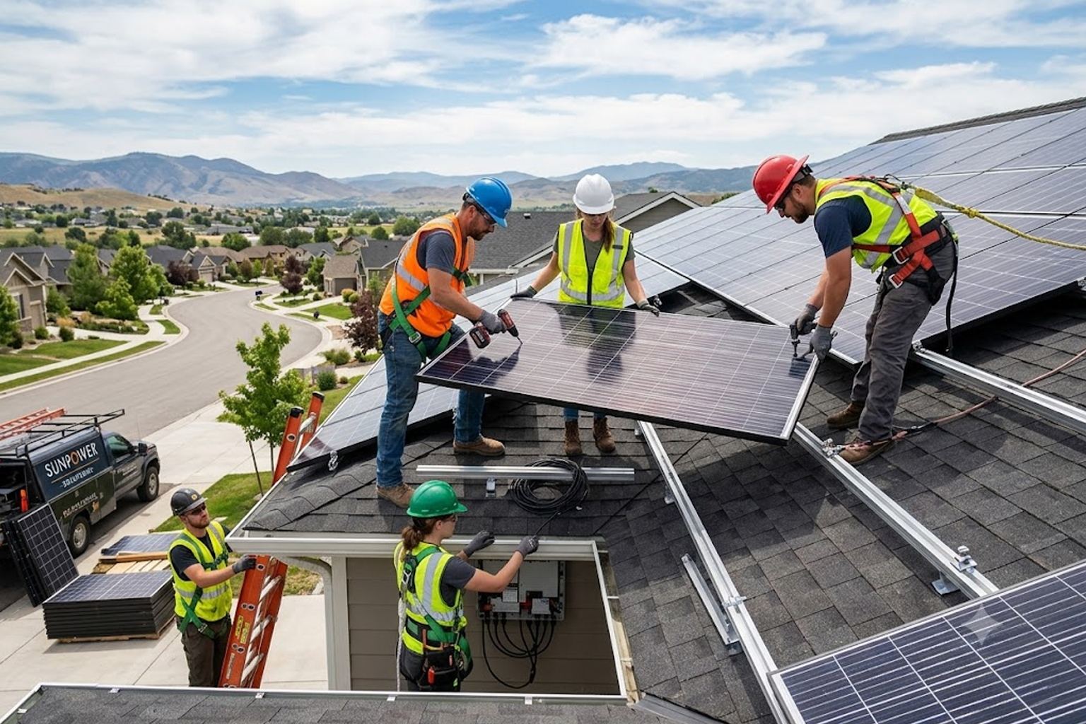 Equipo instalando paneles solares