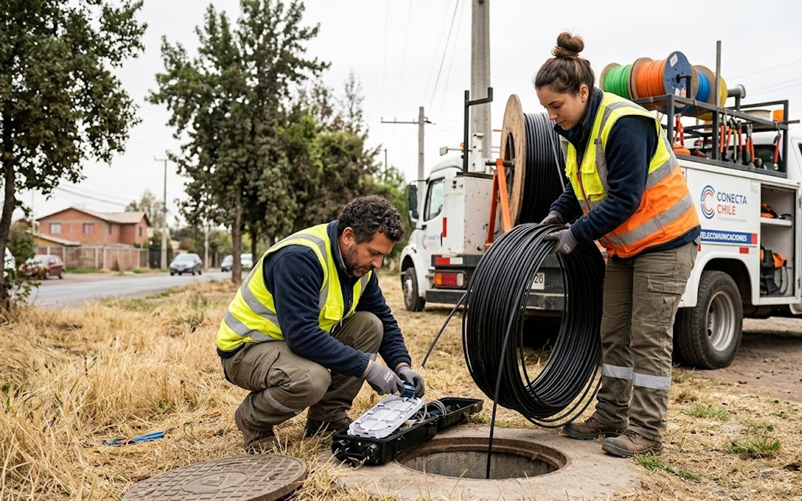 Técnicos de telecomunicaciones trabajando en campo
